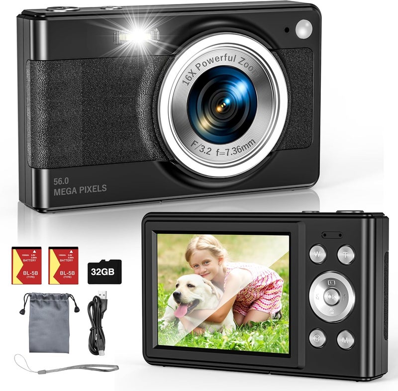Fleafer Upgrade Digital Camera, 56MP FHD 1080P for Kids with 16x Zoom Anti Shake, 32GB TF Card, Two Batteries, Lanyard, Compact Small for Boys Girls （Black） - Image 1